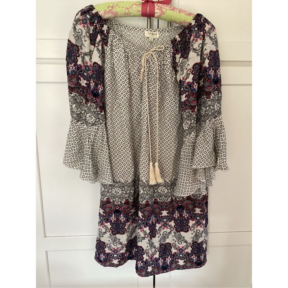 UMGEE MixโPrint Boho Dress Sz S Bell 3/4 Sleeve Tunic